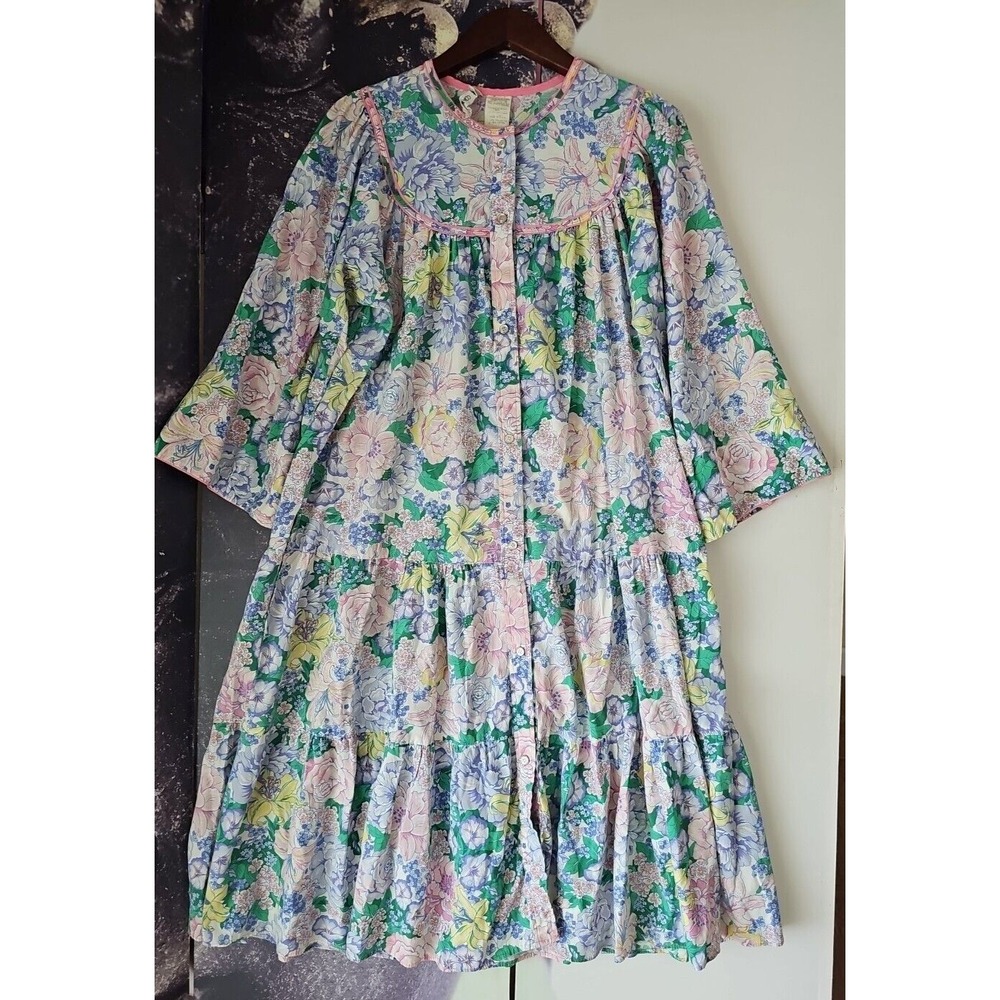 Vintage 80s Models Coat‎ Nightgown Floral Patio House Dress MuuMuu Snap Front 14